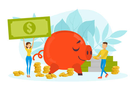 Tiny People and Huge Piggy Bank, Finance Investment and Planning Concept Flat Vector Illustrationのイラスト素材