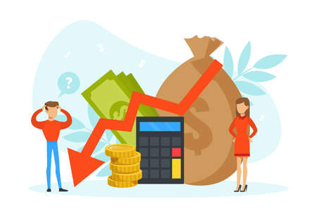 Tiny People with Graph Falling, Purse and Money Bag, Money Loss Concept Flat Vector Illustrationのイラスト素材