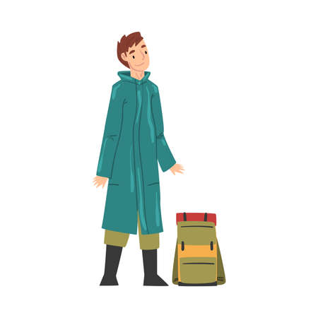 Male Tourist Character, Man in Raincoat with Backpack, Summer Adventure Trip Cartoon Style Vector Illustrationのイラスト素材
