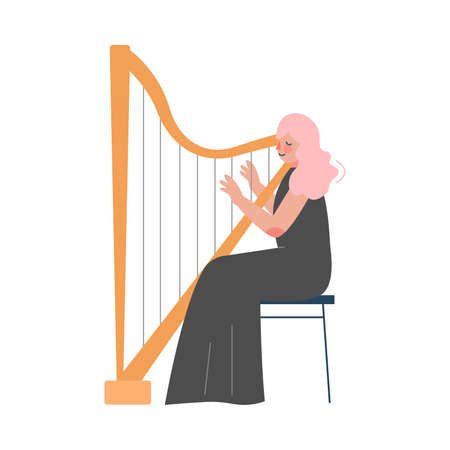 Woman Musician Playing Harp, Classical Music Performer Character with Musical Instrument Flat Style...