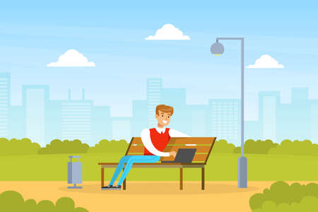 Young Man Using Laptop Computer while Sitting on Bench in Park Outdoors, Freelance, E-learning Concept Flat Vector Illustrationのイラスト素材