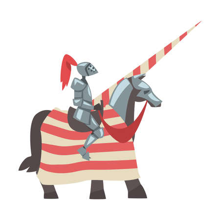 Medieval Knight on Horseback with Spear, Chivalry Warrior Character in Full Metal Body Armor with Shield and Sword Cartoon Style Vector Illustrationのイラスト素材