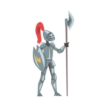Medieval Knight, Chivalry Warrior Character in Full Metal Body Armor with Shield and Halberd Cartoon Style Vector Illustrationのイラスト素材
