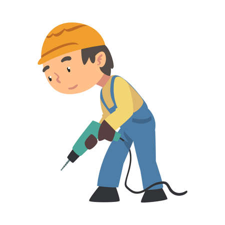 Boy Construction Worker with Drill, Cute Little Builder Character Wearing Blue Overalls and Hard Hat with Professional Tool Cartoon Style Vector Illustrationのイラスト素材