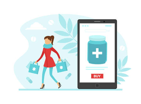 Online Pharmacy, Woman Buying Medicines via Smartphone Flat Vector Illustrationのイラスト素材