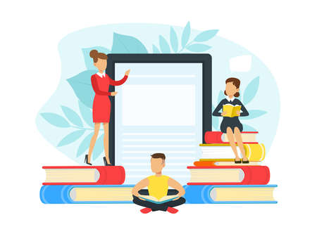 Tiny People Reading Books, Digital Library, Education, Knowledge, Studying and Literature Concept Cartoon Vector Illustrationのイラスト素材