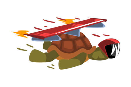 Fast Turtle in Helmet, Funny Animal Cartoon Character with Turbo Speed Booster and Fire Vector Illustration on White Backgroundのイラスト素材