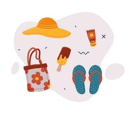 Travel or Vacation Accessories Set, Straw Hat, Flip Flops, Sunscreen Lotion and Ice Cream, Journey on Holidays, Adventure, Tourism Cartoon Style Vector Illustrationのイラスト素材