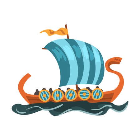 Scandinavian Draccar, Norway Long boat with Dragon Head Cartoon Style Vector Illustrationのイラスト素材