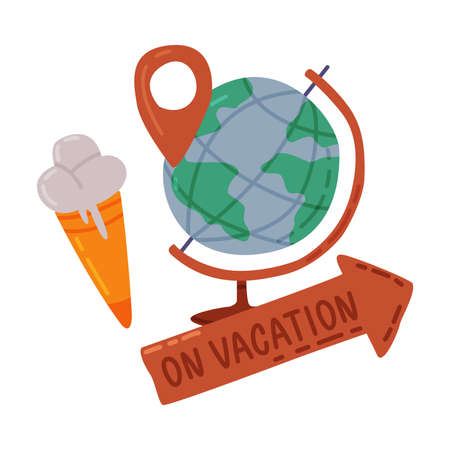 Travel or Vacation Objects Set, Globe with Location Pin and Ice Cream, Journey on Holidays, Adventure, Tourism Cartoon Style Vector Illustrationのイラスト素材