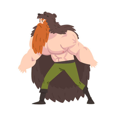 Viking Warrior, Scandinavian Mythology Character in Traditional Clothes and Fur Cape Cartoon Style Vector Illustrationのイラスト素材