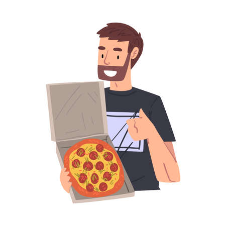 Man Holding Opened Cardboard Box with Freshly Prepared Pizza, Food Express Delivery Service Cartoon Style Vector Illustrationのイラスト素材