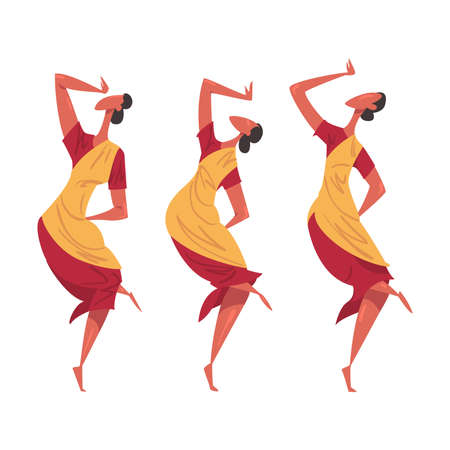 African Ritual Dance, Three Young Women Dancing Wearing Traditional Costumes Cartoon Style Vector Illustrationのイラスト素材