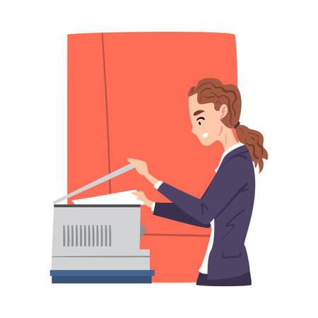 Young Woman Copying and Scanning Documents in Office, Businesswoman or Office Employee Daily Routine Cartoon Style Vector Illustrationのイラスト素材