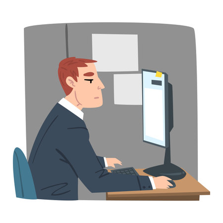 Young Man Working on Computer in Office, Businessman or Office Worker Daily Routine Cartoon Style Vector Illustrationのイラスト素材
