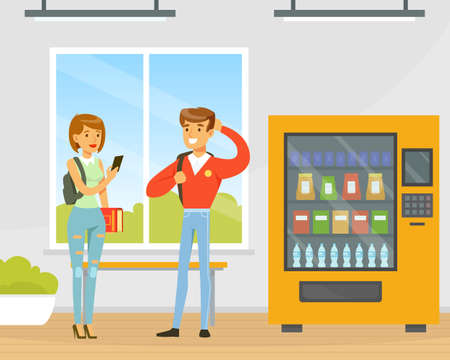 Cheerful University Students with Backpack and Books Standing at Vending Machine in College or University Hallway Flat Vector Illustrationのイラスト素材