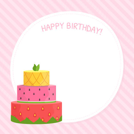 Happy Birthday Card Template, Celebration Card with Sweet Cake Dessert Vector Illustration