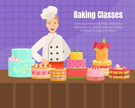 Baking Classes Banner Template, Professional Cooking, Culinary Master Class Poster Vector Illustrationのイラスト素材