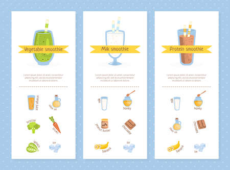 Smoothie Recipes Set, Vegetable, Milk, Protein, Raw Natural Food Drinks, Healthy Tasty Natural Cocktails Vector Illustrationのイラスト素材