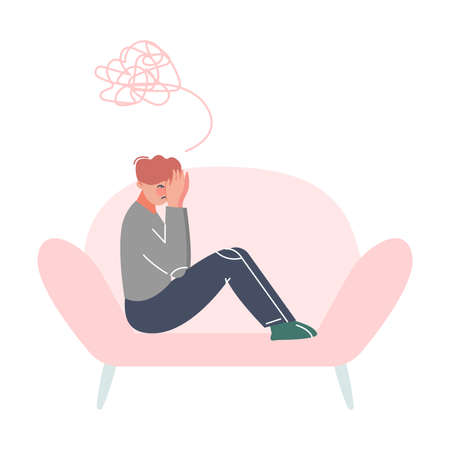 Stressed Man Sitting on Couch, Professional Psychotherapy Counselling, Psychological Help Concept Cartoon Style Vector Illustrationのイラスト素材