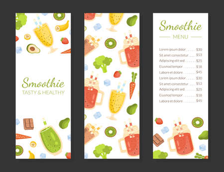 Smoothie Menu Template, Healthy Vitamin Drinks Restaurant or Cafe Brochure, Natural Detox Cocktails Flyer, Promotional Leaflet, Poster Vector Illustrationのイラスト素材