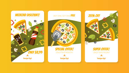 Pizza Landing Page Templates Collection, Traditional Italian Food Special Offer, Food Menu, Restaurant, Cafe Design Element, Coupon, Leaflet, Flyer Vector Illustrationのイラスト素材