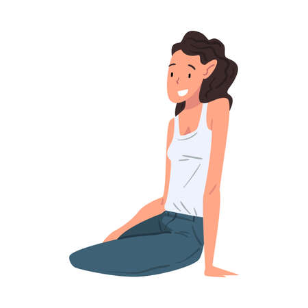 Female Student Sitting on Lawn, Beautiful Brunette Girl Cartoon Vector Illustrationのイラスト素材