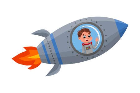 Cute Happy Kid Astronaut Character Flying in Rocket, Little Boy Dreaming of Becoming an Astronaut Cartoon Style Vector Illustrationのイラスト素材