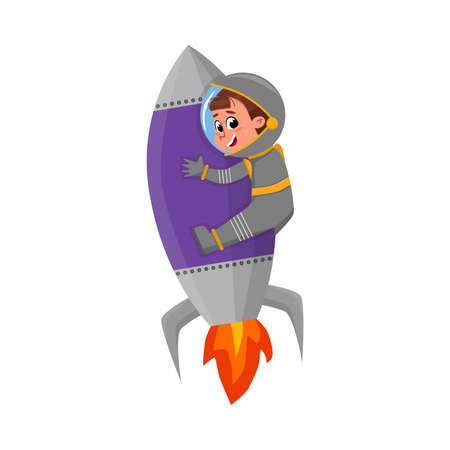 Cute Happy Kid Astronaut Character in Outer Space Suit Riding Rocket, Little Boy Dreaming of Becoming an Astronaut Cartoon Style Vector Illustrationのイラスト素材