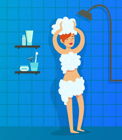 Young Woman Taking Shower with Bubble Foam, Girl Washing Hair in Bathroom Cartoon Style Vector Illustrationのイラスト素材