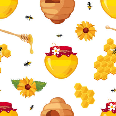 Honey Bee, Honeycomb, Jar and Flowers Seamless Pattern, Organic Natural Honey Products, Beekeeping and Honey Production Vector Illustrationのイラスト素材