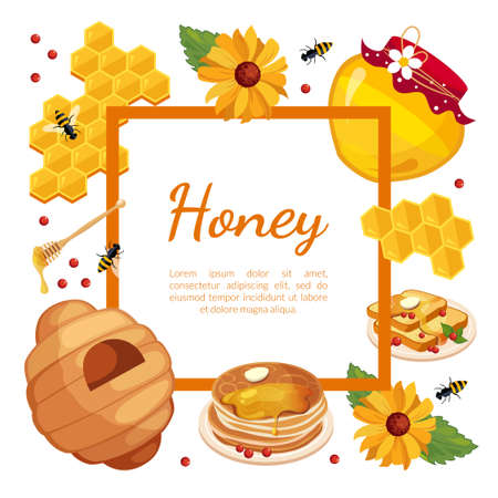 Honey Banner Template with Place for Text, Organic Natural Honey Products, Beekeeping and Honey Production Vector Illustrationのイラスト素材