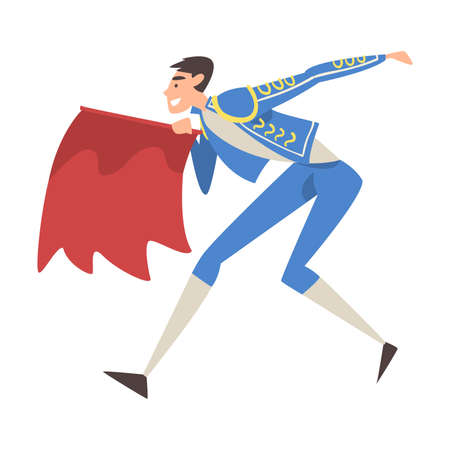Bullfighter Fighting with Red Cape, Toreador Character Dressed in Traditional Costume, Spanish Corrida Performance Cartoon Style Vector Illustrationのイラスト素材