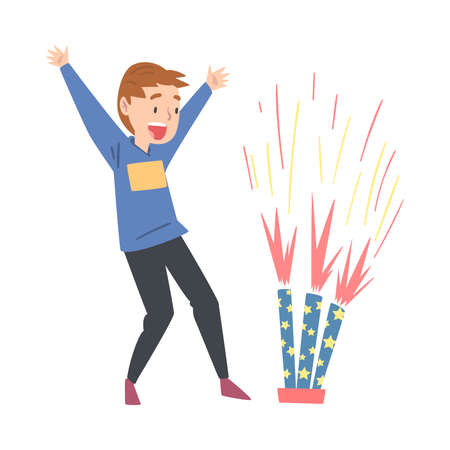 Cute Happy Boy Launching Fireworks, Child Watching Firework Explosion Cartoon Style Vector Illustrationのイラスト素材