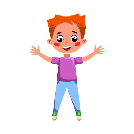 Red Haired Boy Happily Jumping with Outstretched Legs, Cute Preschool Kid Having Fun, Celebrating Holiday, Doing Sports Cartoon Style Vector Illustrationのイラスト素材
