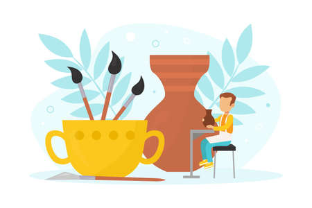 Tiny Boy Making Pot with Clay, Pottery and Ceramics, Creative Children Education Vector Illustrationのイラスト素材