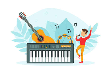 Tiny Boy Singing with Microphone, Tiny Boy Singing with Microphone with Huge Musical Instruments Guitar, Tambourine and Keyboard, Child on Lesson in Music School Vector Illustrationのイラスト素材