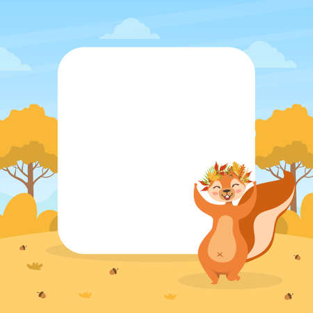 Cute Squirrel in Wreath of Colorful Leaves with Blank Empty Banner, Wild Animal Character on Autumn Landscape Vector Illustrationのイラスト素材