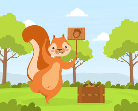 Cute Squirrel Holding Sign Board with Acorn, Adorable Humanized Wild Animal Character Standing on Summer Landscape Next to Wooden Crate full of Acorns Vector Illustrationのイラスト素材