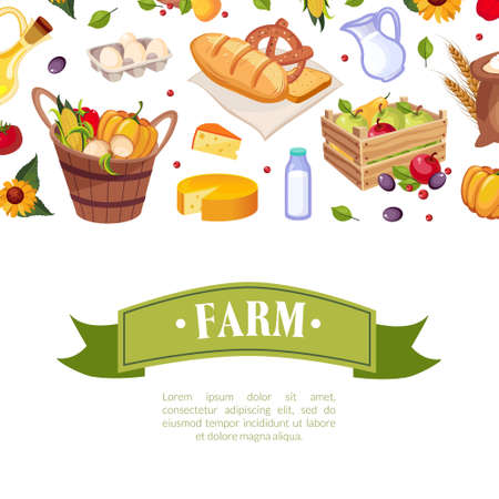 Farm Products Banner Template with with Healthy Organic Products Seamless Pattern and Space for Text Cartoon Vector Illustrationのイラスト素材