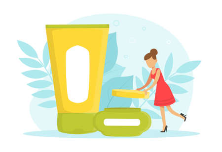 Tiny Woman with Huge Cosmetic Bottles, Natural Hygiene Products for Woman Health and Treatment Cartoon Vector Illustrationのイラスト素材