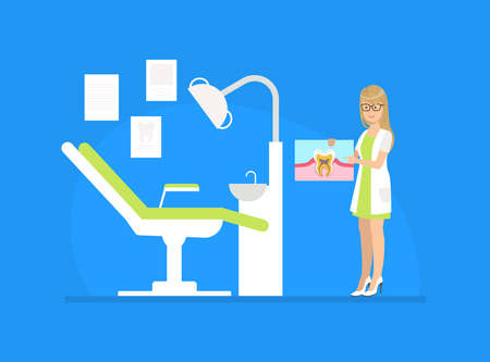Woman Dentist Holds X-Ray Tooth in Dental Office Vector Illustrationのイラスト素材