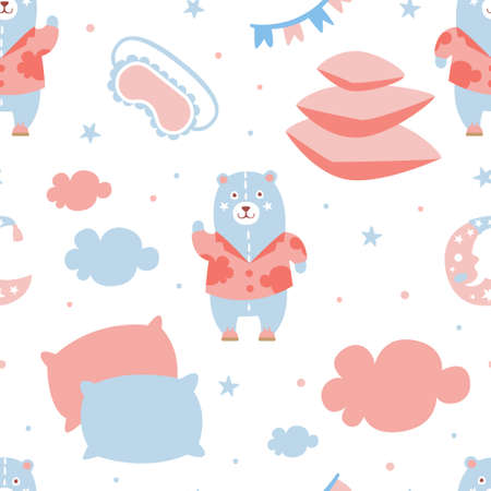 Pajama Party Seamless Pattern, Good Night, Nursery or Baby Shower Backdrop, Wallpaper, Packaging, Textile Design Cartoon Vector Illustrationのイラスト素材