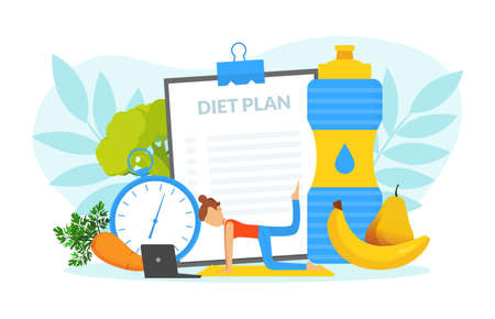 Healthy Lifestyle, Tiny Woman Training her Body in Gym and Eating Healthy Food, Weight Loss Concept Vector Illustrationのイラスト素材