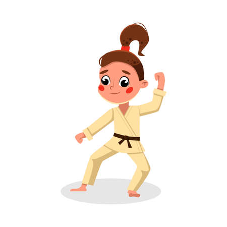 Girl Athlete Practicing Karate, Kid in Sports Uniform Doing Physical Exercise, Active Healthy Lifestyle Concept Cartoon Style Vector Illustrationのイラスト素材