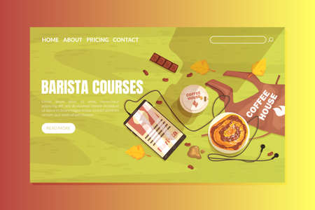 Barista Courses Landing Page Template, Online Education, Master Class Website Banner, Homepage Vector Illustrationのイラスト素材