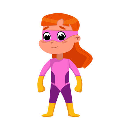 Cute Red Haired Girl in Pink Superhero Costume, Adorable Kid Superhero Character Standing in Superhero Pose Cartoon Style Vector Illustration Isolated on White Background.のイラスト素材