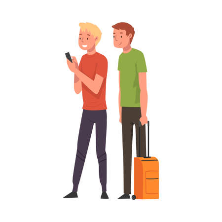 Male Tourists Calling Taxi Car or Using Mobile Taxi Call Application Vector Illustrationのイラスト素材