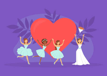 Bride Throwing Bouquet of Flowers to Bridesmaids, Wedding Ceremony Tradition Flat Vector Illustrationのイラスト素材
