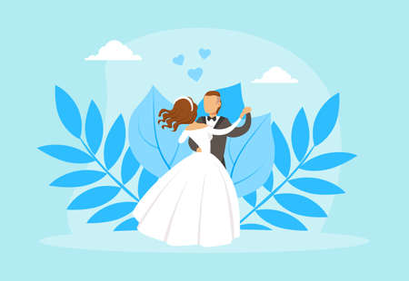 Couple of Newlyweds Dancing, Bride and Groom Characters at their Wedding Party Flat Vector Illustrationのイラスト素材